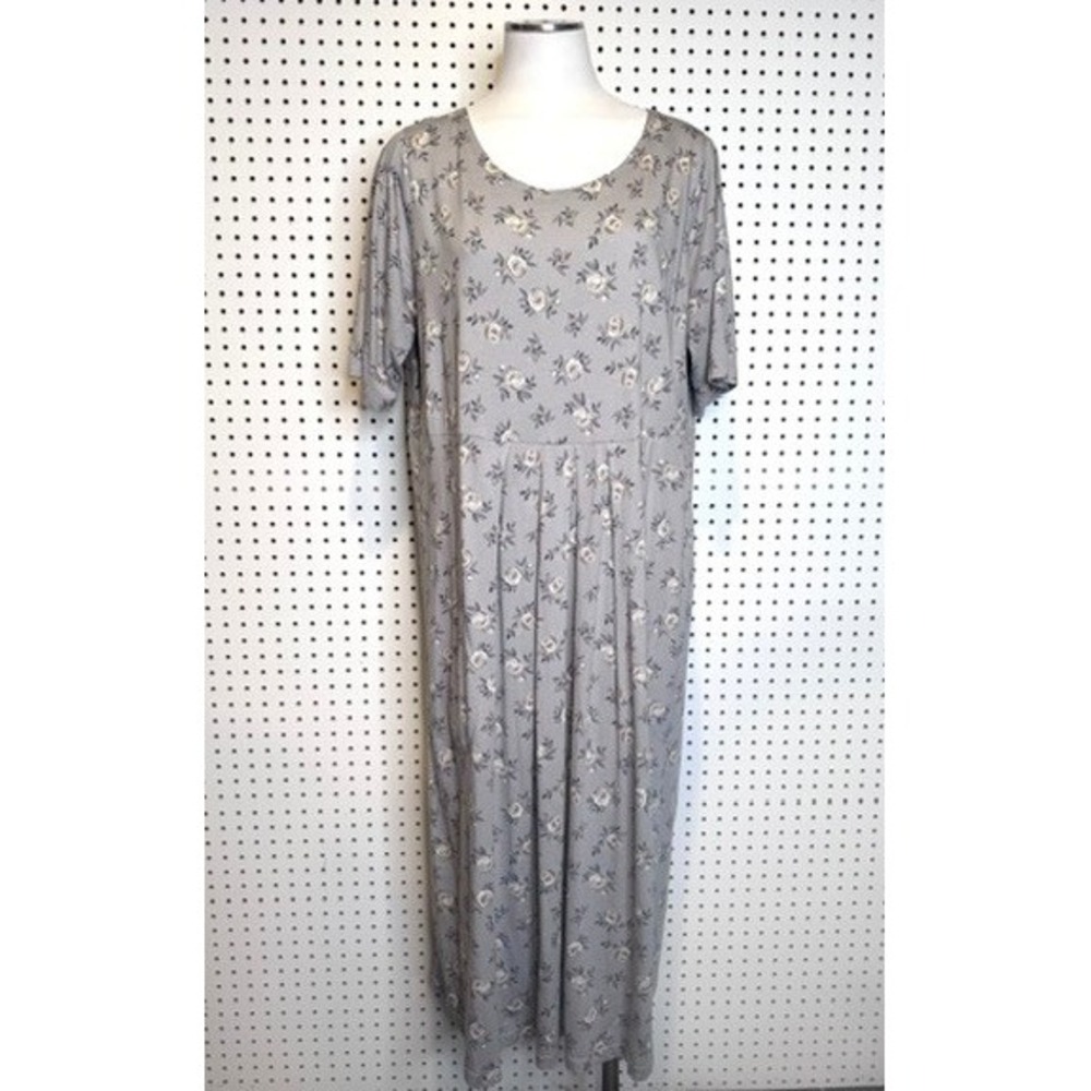 Gudrun Sjoden | Grey Floral Rose Empire Waist Modal Cotton Maxi Dress Pockets XL